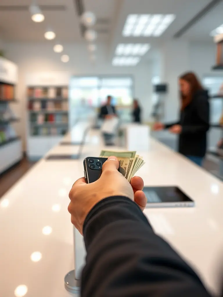 A close-up shot of a person receiving cash for their used iPhone at SellMyApple, emphasizing the fast payment process.