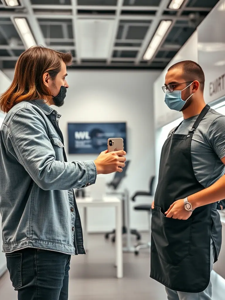 A close-up shot of a person handing over their iPhone to a SellMyApple technician in a well-lit, modern store setting.