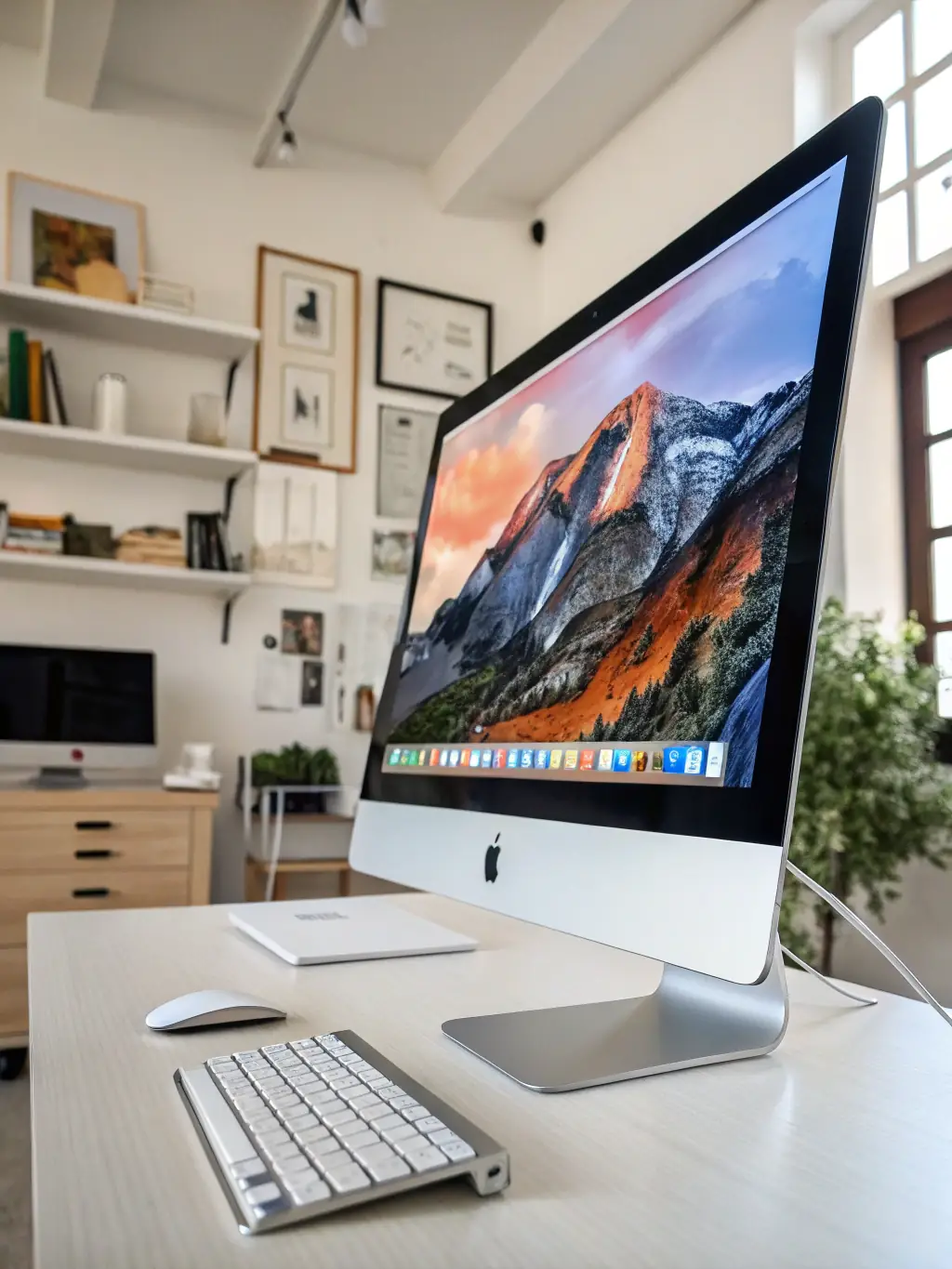 A photo of a fully functional iMac on a desk, with a focus on its large display and the Apple logo, indicating a device ready for resale.