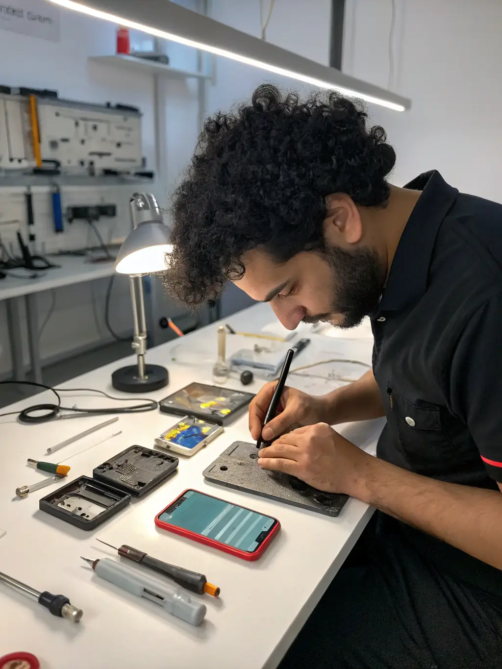 A SellMyApple employee inspecting an iPhone in the store, ensuring quality and functionality.