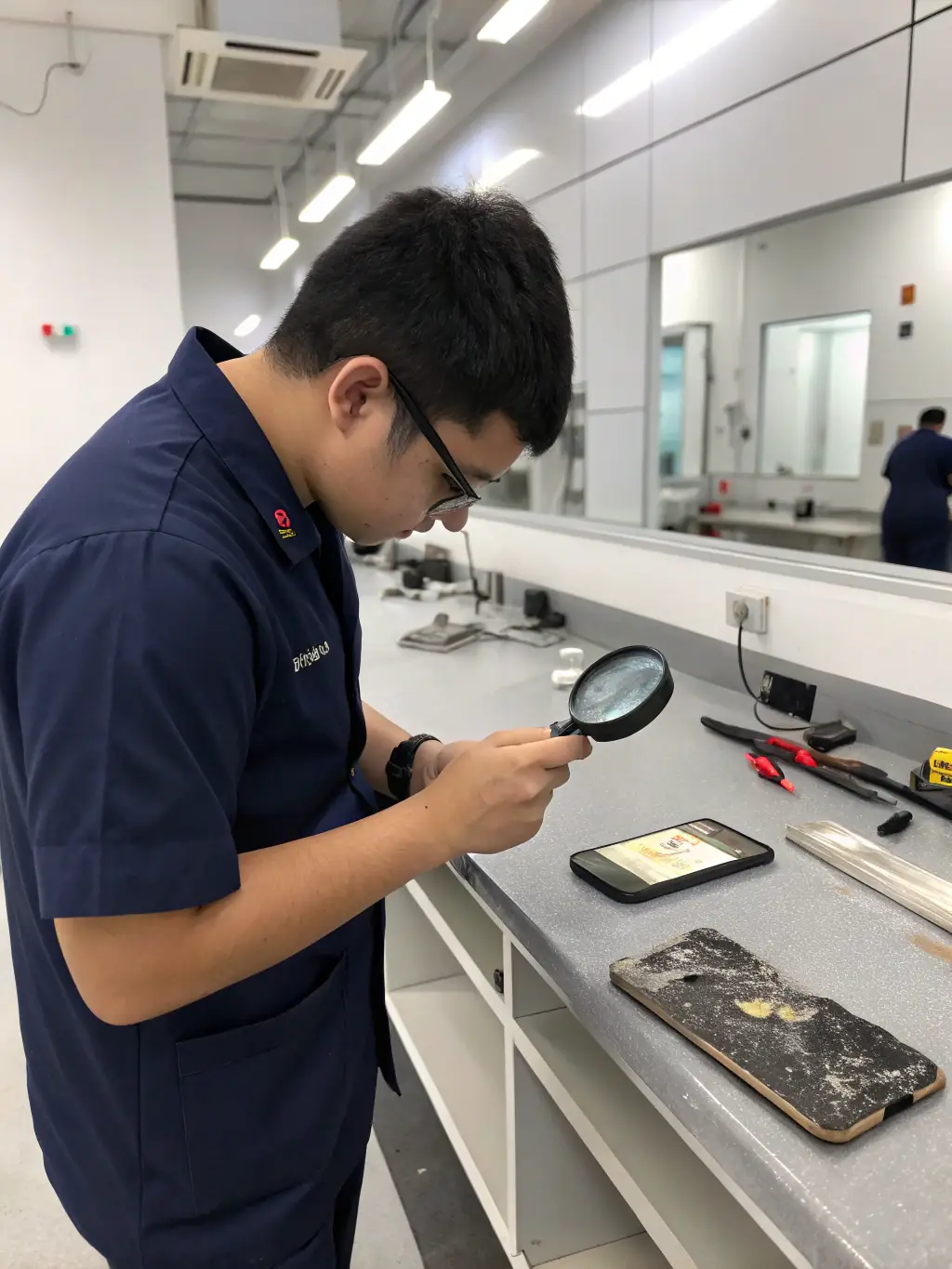 A SellMyApple employee inspecting an iPhone in the store, highlighting the thorough evaluation process.